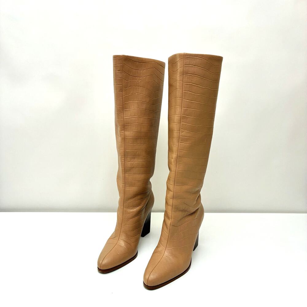 Mango Women's Tan Croc-Embossed Leather Heeled Knee Boots - 9M EU40